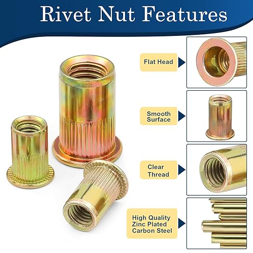 190Pcs M4 Rivet Nuts, Metric Zinc Plated Finish Carbon Steel Flat Head Threaded Insert Nutsert Kit