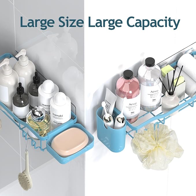 Shower Caddy Adhesive Shower Organizer 7-Pack, Rustproof Stainless Steel Bathroom Shelves, Large Capacity No-Drill Rack Storage Accessories with Soap Dish Toothbrush Holder Hooks
