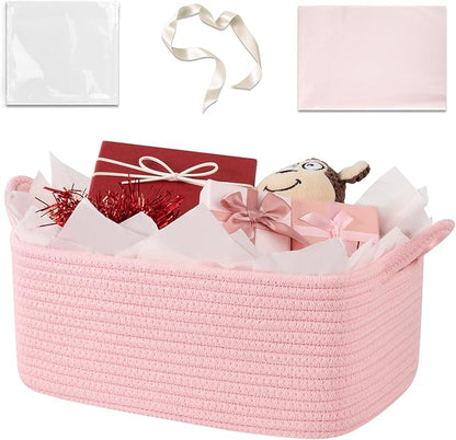 Basket for Gifts Empty, Woven Storage Basket with Gift Bag, Ribbon and Wrap Tissue Paper, Small Rope Toy Storage with Handles for Baby Shower, Dog Toy Organizer, 13.6" x 10" x 5.9”, Pink