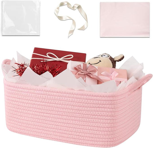 Basket for Gifts Empty, Woven Storage Basket with Gift Bag, Ribbon and Wrap Tissue Paper, Small Rope Toy Storage with Handles for Baby Shower, Dog Toy Organizer, 13.6" x 10" x 5.9”, Pink