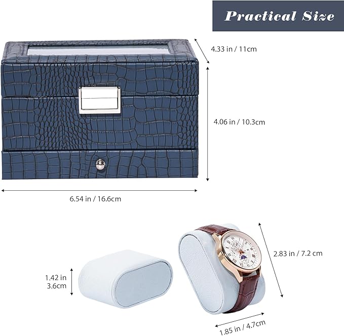 ProCase Watch Box, 3 Slot Watches Display Case with Drawer, Mens Watch Case with Glass Lid, 2-Layer Mens Jewelry Organizer Storage Holder, Birthday Valentine Gifts for Men-3 Slot, CrocCobaltBlue