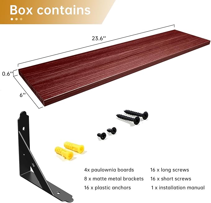 Wood Floating Shelves Set of 4, Rustic Storage Decor Wall Shelves, Wall Mounted Shelf for Living Room, Bedroom 23.6" x 6", Red