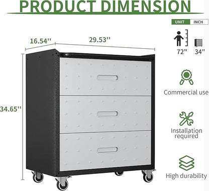 Metal Tool Cabinet,Garage Storage Cabinet System,Wall Cabinet & Locking Rolling Tool Cabinet with Doors and Adjustable Shelves,Steel Tool Cabinets for Home (2 Pcs-StyleE, Black & Grey)
