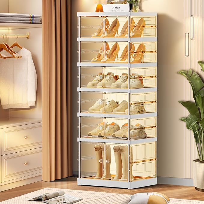 6-Tier Foldable Shoe Rack for Closet Entryway 6-12Pairs,Stackable Clear Shoe Storage Boxes Organizer with Door Plastic Small Shoe Cabinet Bins with Lids Narrow Shoe Shelf Easy Assembly