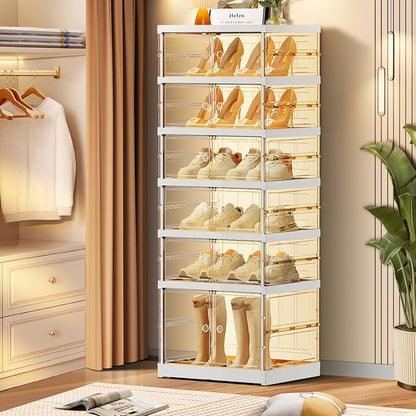 6-Tier Foldable Shoe Rack for Closet Entryway 6-12Pairs,Stackable Clear Shoe Storage Boxes Organizer with Door Plastic Small Shoe Cabinet Bins with Lids Narrow Shoe Shelf Easy Assembly
