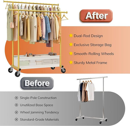 Clothes Rack, Double rods clothing rack, Clothing Racks for hanging clothes, Rolling clothes rack with Storage Basket & Heavy Duty Wheels, garment rack for Bedroom, Laundry Room, Gold