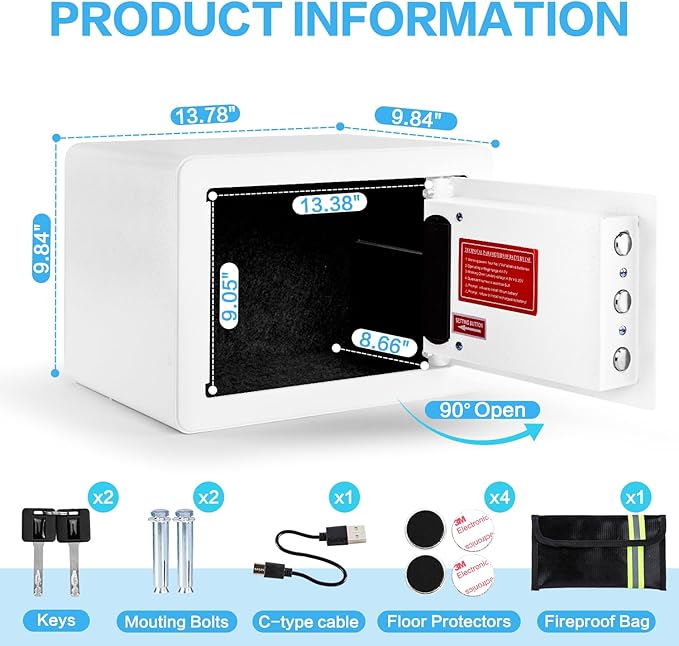 0.6 Cubic Feet Biometric Safe, Fingerprint Safe W/Fireproof Bag, Removable Shelf, Alarm System, Digital Electronic Money Box for Cash, Document, Home, Hotel Use, White, 9.84"D x 13.78"W x 9.84"H