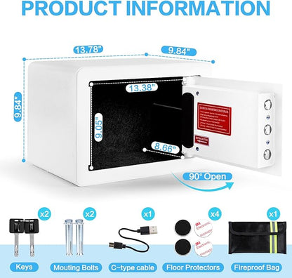 0.6 Cubic Feet Biometric Safe, Fingerprint Safe W/Fireproof Bag, Removable Shelf, Alarm System, Digital Electronic Money Box for Cash, Document, Home, Hotel Use, White, 9.84"D x 13.78"W x 9.84"H