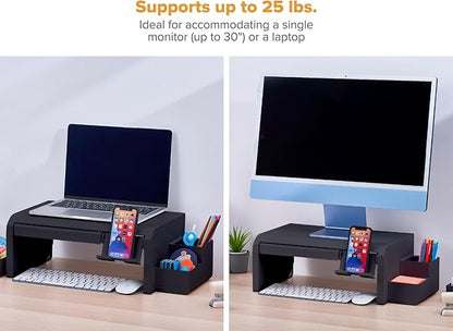 Bostitch Konnect Adjustable Monitor Riser with Drawer, Cell Phone Stand & Pencil Holder, Laptop Stand for Desk, 4 Height Levels, Cable Management & Rubber Feet