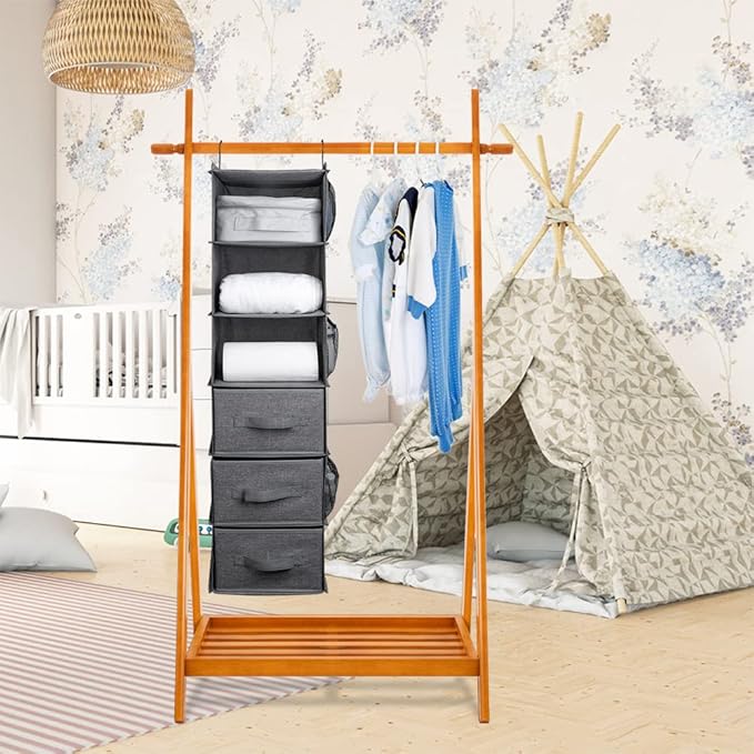 Hanging Closet Organizer, 6-Shelf Closet Organizers and Storage with 3 Removable Drawers, Sturdy Hanging Shelf Organizer for Bedroom, Dark Gray