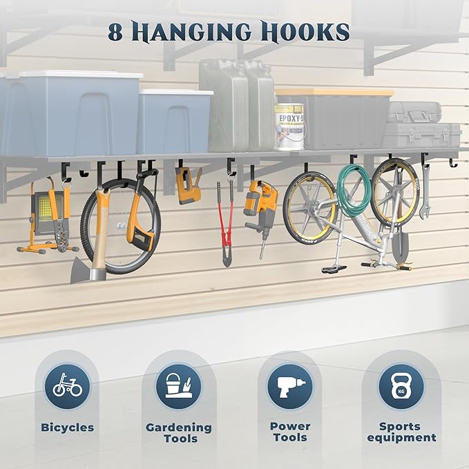2-Pack 2x4ft Garage Shelving Wall Mounted, Heavy Duty Garage Wall Shelving with Hooks, 500 lbs Capacity Industrial Storage Shelves for Garage Organization
