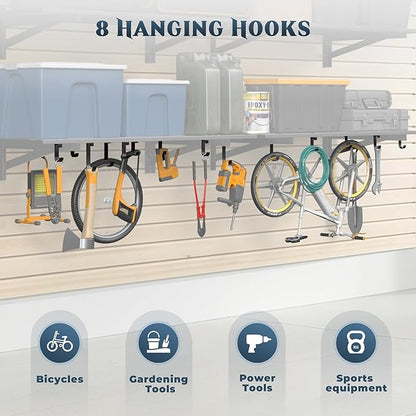2-Pack 2x4ft Garage Shelving Wall Mounted, Heavy Duty Garage Wall Shelving with Hooks, 500 lbs Capacity Industrial Storage Shelves for Garage Organization