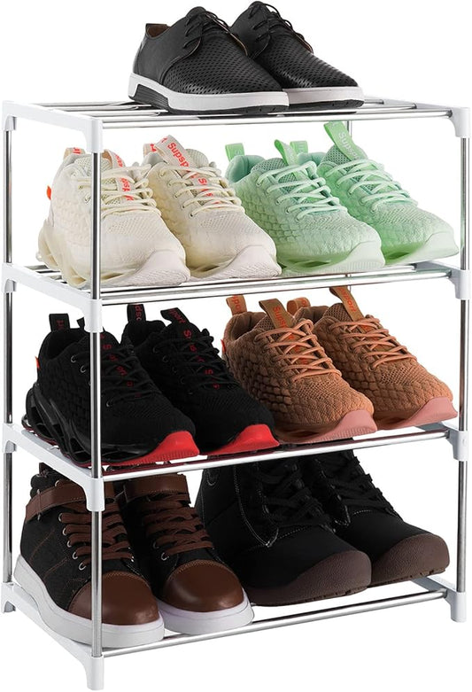 Xerhnan 4-Tier Stackable Small Shoe Rack, Lightweight Shoe Shelf Storage Organizer for Entryway, Hallway and Closet(White)