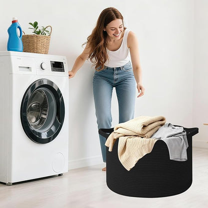 90L Large Blanket Basket,21.7"L x 21.7"W x 13.8"H Rope Woven Baskets with Handles, Toys Storage Bins,Laundry Basket Perfect for Living Room, Nursery,Bedroom,Home Organization,Black