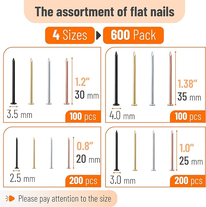 Mr. Pen- Nail Assortment Kit, 600 pcs, 4 Sizes, Assorted Colors, Small Nails for Hanging Pictures, Finishing Nails, Wall Nails for Hanging, Pin Nails, Hardware Nails, Assorted Nails, Galvanized Nails