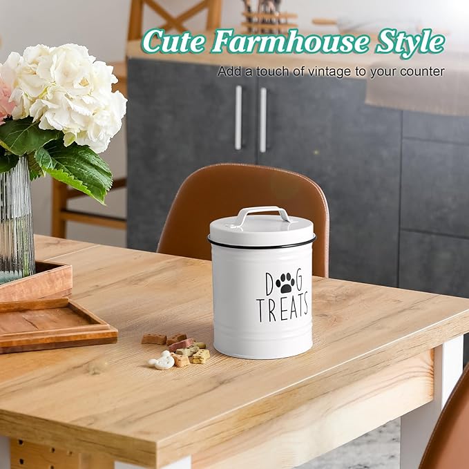 Small Dog Treat Container Airtight - 6" Tall X 4.9" Round White Dog Treat Jar for Kitchen Counter - Rustic Treat Storage Canister for Dogs, Cats, Small Animals - Gifts for Pet Owners
