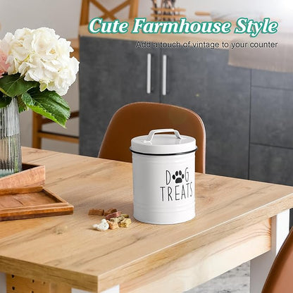 Small Dog Treat Container Airtight - 6" Tall X 4.9" Round White Dog Treat Jar for Kitchen Counter - Rustic Treat Storage Canister for Dogs, Cats, Small Animals - Gifts for Pet Owners