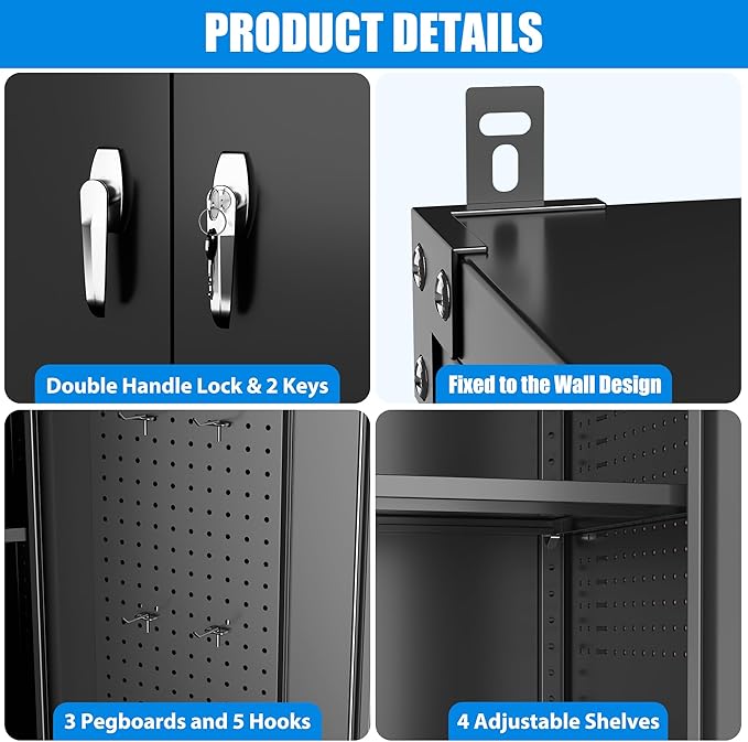 43.3" Wx21.85 Dx72 H Wide and Deep Garage Storage Cabinet with Wheels and Pegboard, Heavy Duty Metal Storage Cabinet with 4 Adjustable Shelves and 9 Hooks for Garage,Warehouse,Home, Black