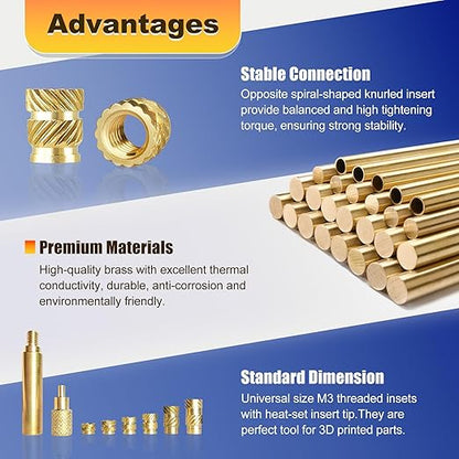 300 Pcs M3 Threaded Inserts for Plastic with Heat Set Tip,M3*(3mm-10mm Hight)*4.5mm Heat Set Inserts Kit,Brass Inserts for 3D Pringting