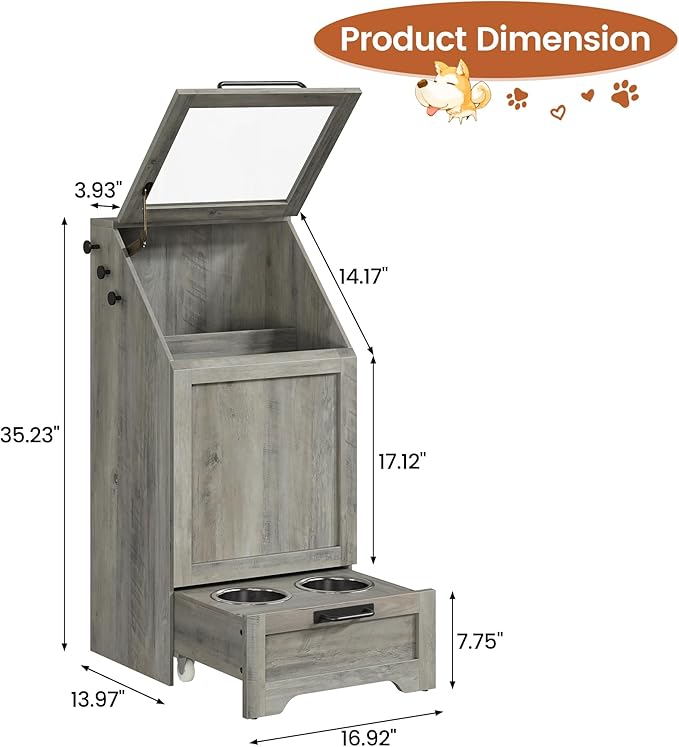 Dog Feeding Station with 2 Elevated Dog Bowls, Pet Feeding Station,Flip Top Pet Food Cabinet,Pet Food Container,Pet Toy Storage Organizer,Modern Storage Organizer,Grey