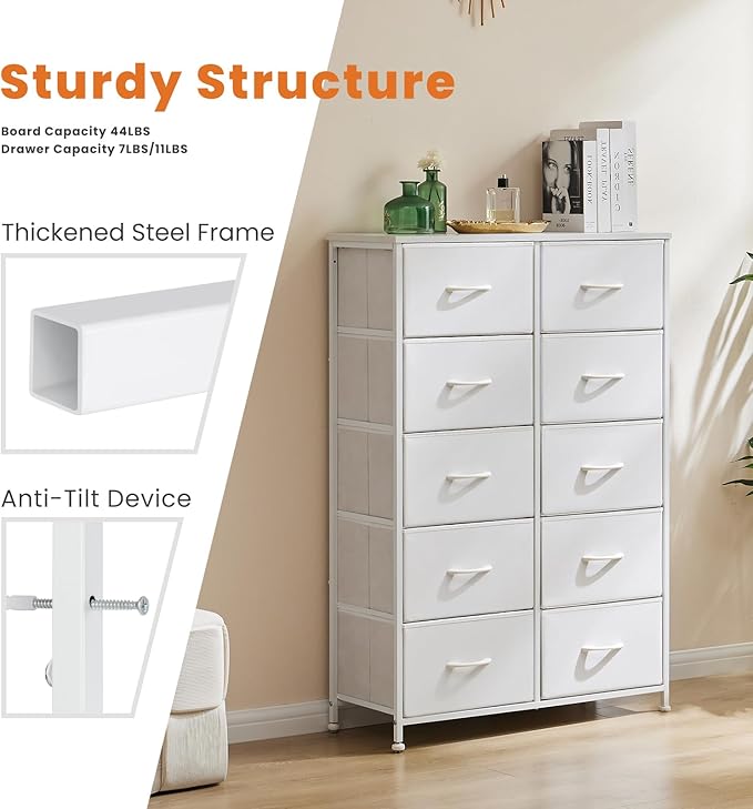 Sweetcrispy 10 Drawer Fabric Dresser Tall Chest Storage Organizer Tower with Cabinet Metal Frame and Wood Top Lightweight Closet Furniture for Bedroom,Cream White