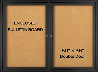 INNOVART Enclosed Bulletin Board 60”x36”, Lockable Cork Noticeboard with Black Aluminum Frame, Outdoor Enclosed Bulletin Board Weatherproof, Wall Display Case with Swing-Open Door Information Cabinet