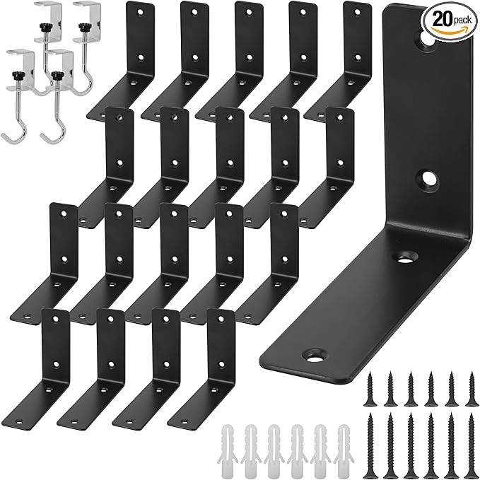 L Floating Shelf Brackets,20 Pack Heavy Duty L Brackets for Shelves, L 5" X H 4" Black Metal Countertop Support Brackets,Wall Mounting for Wood
