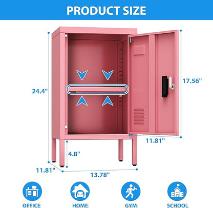 24.4" H Metal Locker Storage Cabinet with Adjustable Shelf, 1 Door Small Storage Cabinet with Adjustable Leveling Foot for Home,Office, Kids Locker,Assembly Required,Pink