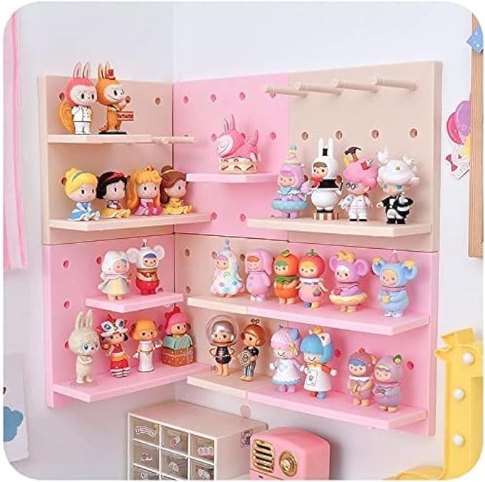 HGYZE Peg Boards for Wall with Shelf & Hooks, No Punching Craft Storage, Small Pegboard Ledges Organizer for Hanging Keychains, 4 Pack Decorative Wall Panel Kits for Blindboxes Lightweight Dolls, Pink