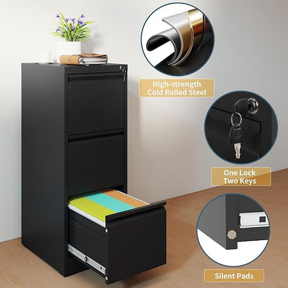 3 Drawer File Cabinet with Lock, Vertical Filing Cabinets for Home Office, Metal Storage Cabinets, Heavy Duty File Cabinet for Letter/Legal/A4/F4 Size Amsseble Required, Black