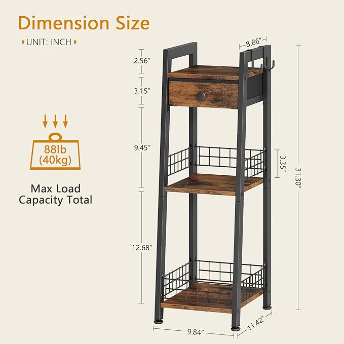 3-Tier Narrow Ladder Shelf with Drawer, Bathroom Table Stand for Small Space, Narrow Bathroom Standing Shelves with Storage for Living Room Bedroom Kitchen, Organizer Shelf, Rustic Brown