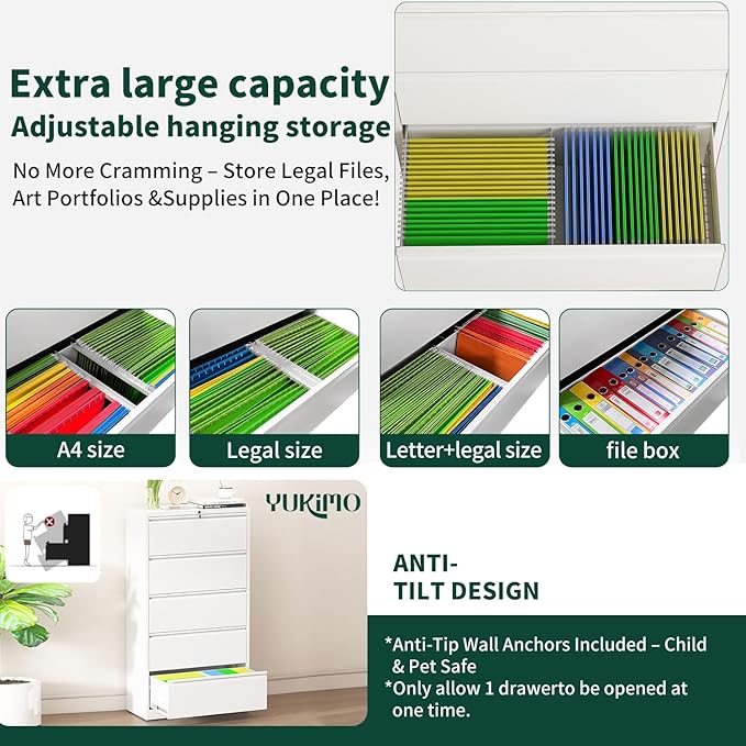 5 Drawer Lateral File Cabinet with Lock, File Cabinets for Home Office Legal/Letter A4 Size, File Cabinet Storage Cabinet, Require Assembly, White