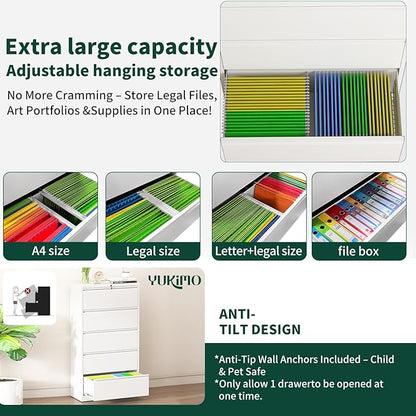 5 Drawer Lateral File Cabinet with Lock, File Cabinets for Home Office Legal/Letter A4 Size, File Cabinet Storage Cabinet, Require Assembly, White