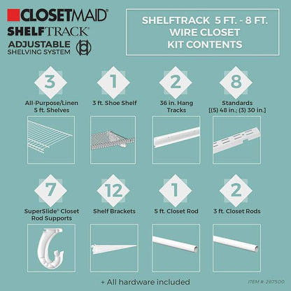 ClosetMaid ShelfTrack Wire Closet Organizer System, Adjustable from 5 to 8 Ft., with Shelves, Clothes Rods, Shoe Shelf, Hardware, Durable Steel, White