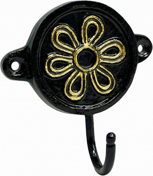 Aluminium Flower Print (1-Pack) Single Wall Hooks, Black Themed Hooks for Hanging Leash-Wall Mount Hanger, Organization Decorative Wall Hook (Flower)
