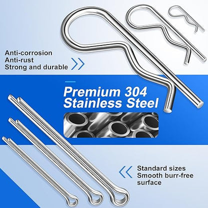 Cotter Pin Assortment Kit, 220PCS Cotter Pins 13 Sizes Premium 304 Stainless Steel Heavy Duty R Clips & Hairpin Split Pin Set, Hardware Pins for Automotive, Trailer, Pin Lock System