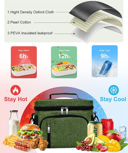 Insulated Lunch Bag for Men & Women, 9L Leakproof Lunch Box Soft Cooler Tote with 5 Pockets, 600D Oxford, EVA Lining, Adjustable Strap for Work, Picnic, Beach&Travel-Green