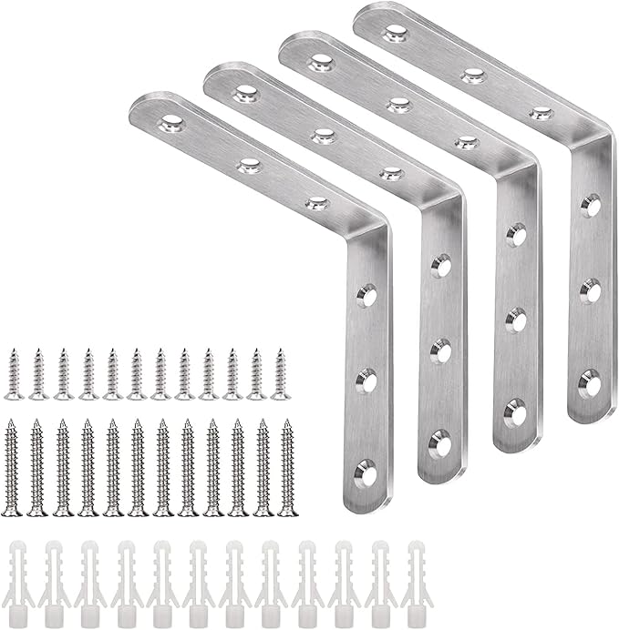 YUMORE L Bracket, 4x4 Inch Max Load: 25lb/12kg Heavy Duty Stainless Steel Solid Shelf Support Corner Brace Joint Right Angle Bracket, Pack of 4