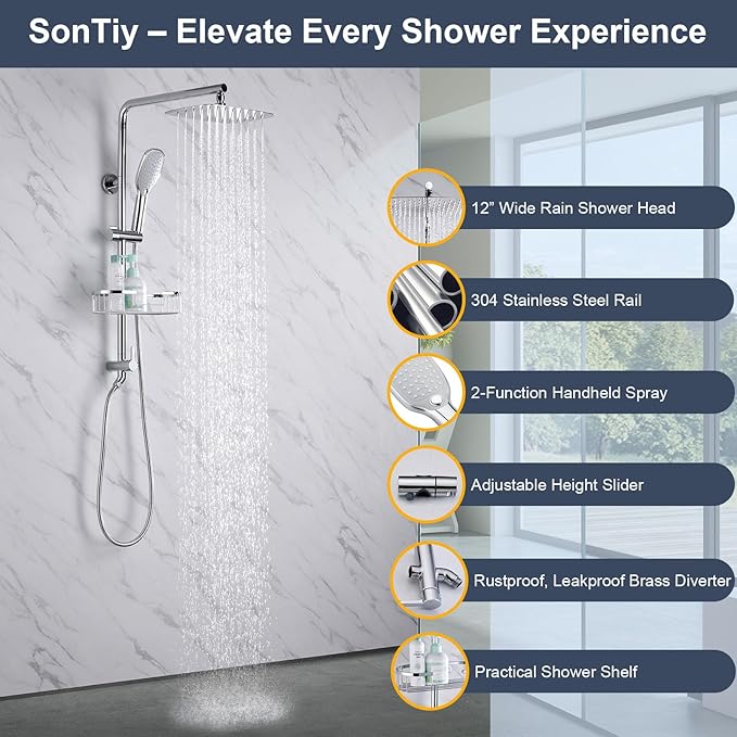 Rain Shower System with Shelf, 12 Inch Rain Shower Head Set with Hand Shower Head, SonTiy Dual Shower Combo with Height Adjustable Holder, Brass Valve, Chrome