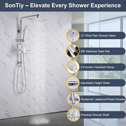 Rain Shower System with Shelf, 12 Inch Rain Shower Head Set with Hand Shower Head, SonTiy Dual Shower Combo with Height Adjustable Holder, Brass Valve, Chrome