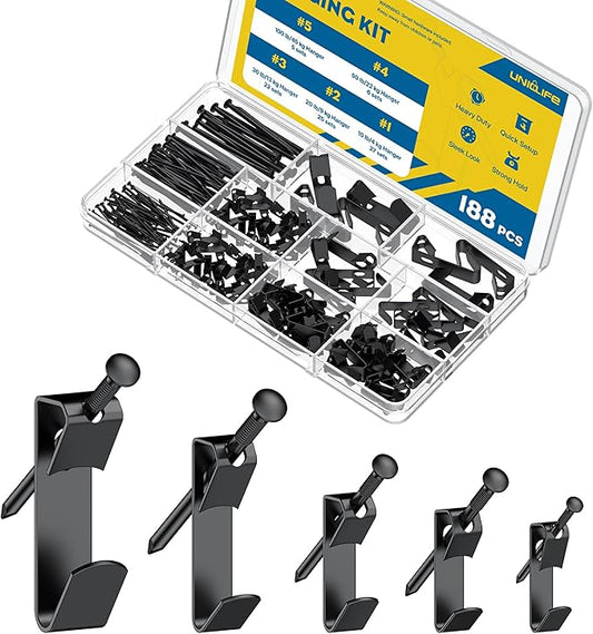 Uniclife 188 Pcs Picture Hanging Kit, 10 lb, 20 lb, 30 lb, 50 lb, 100 lb Heavy Duty Picture Hangers for Drywall & Wood, Picture Hanging Hooks, Frame Hooks for Hanging Photos Mirrors Paintings, Black