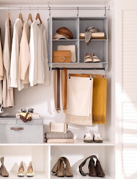 StorageWorks Hanging Closet Organizer with Metal Rod, 4-Section Closet Organizers and Storage, Collapsible Hanging Shelves for Closet, Bedroom, Kids Dorm Room, RV Camper, Gray and White