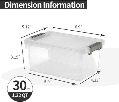 Citylife 1.3 QT 30 Packs Small Storage Bins Plastic Storage Container Stackable Box with Lids for Organizing, Clear White