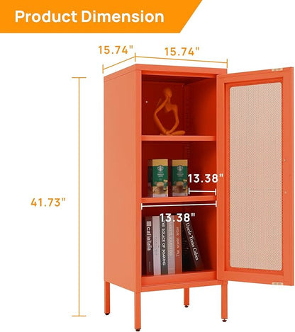Slim Metal Storage Cabinet with Mesh Doors - 42'' Tall Narrow Organizer Tower, Compact Freestanding Cabinet, Versatile Utility Storage for Home, Office, Bedroom, or Kitchen, Durable and Modern Design