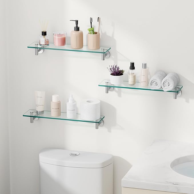 KES Glass Shelf for Bathroom, Floating Glass for Wall Shelves 20-Inch 3 Pack Rectangular Stainless Steel Brackets Wall Mounted Brushed Finish, A2021-2-P3