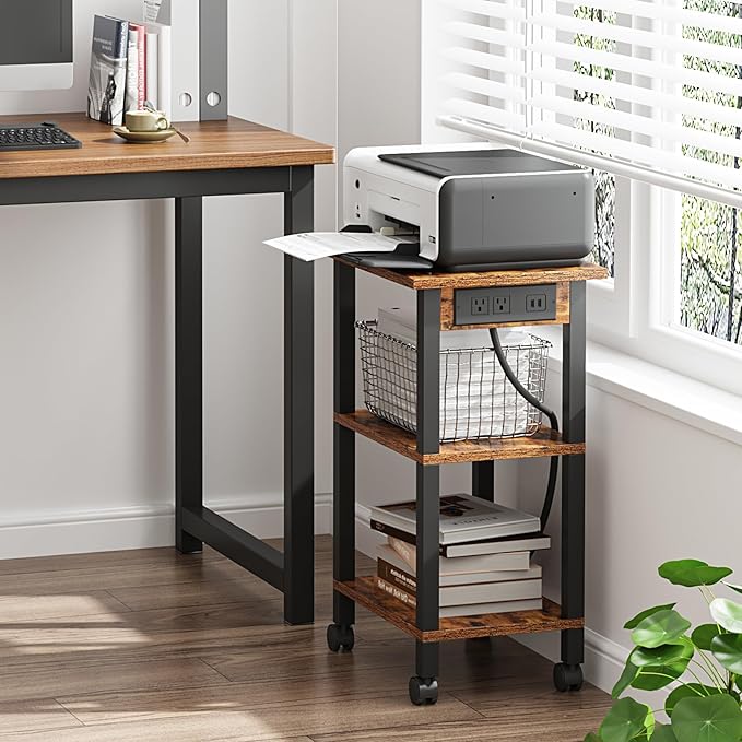 TUTOTAK 3 Tier Printer Stand, Rolling Printer Cart with Power Outlets and USB Ports, Mobile Printer Table with Wheels, for Under Desk, Office, Home,Brown PS02BB001