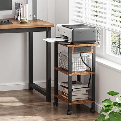 TUTOTAK 3 Tier Printer Stand, Rolling Printer Cart with Power Outlets and USB Ports, Mobile Printer Table with Wheels, for Under Desk, Office, Home,Brown PS02BB001