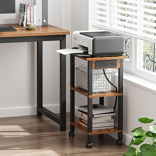 TUTOTAK 3 Tier Printer Stand, Rolling Printer Cart with Power Outlets and USB Ports, Mobile Printer Table with Wheels, for Under Desk, Office, Home,Brown PS02BB001