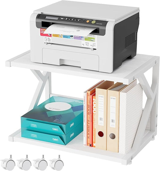 aboxoo Desktop Printer Stand with 2 Tier Wood Storage Shelves,Under Desk Printer Table,Multi-Purpose Home Office Desk Organizer for Fax Machine, Scanner (White)
