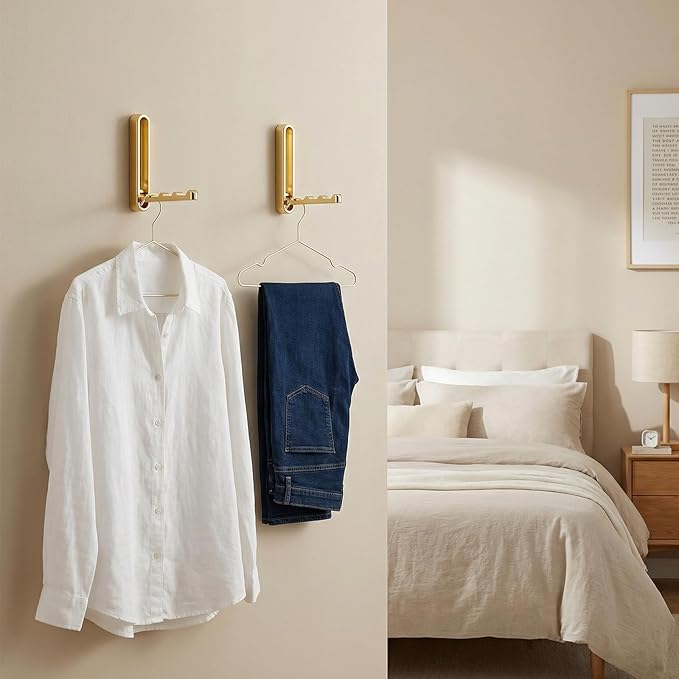 2 Pcs Extended Folding Coat Hooks Wall Mounted, 4.33 in Gold Foldable Wall Hooks Heavy Duty Valet RV Hooks Bathroom Towel Hooks Robe Hooks for Hanging Towels Clothes Coat Hat Bags